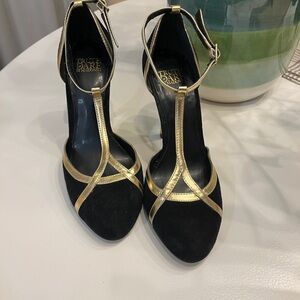 Madonna Black and Gold Heels with T-Strap Design